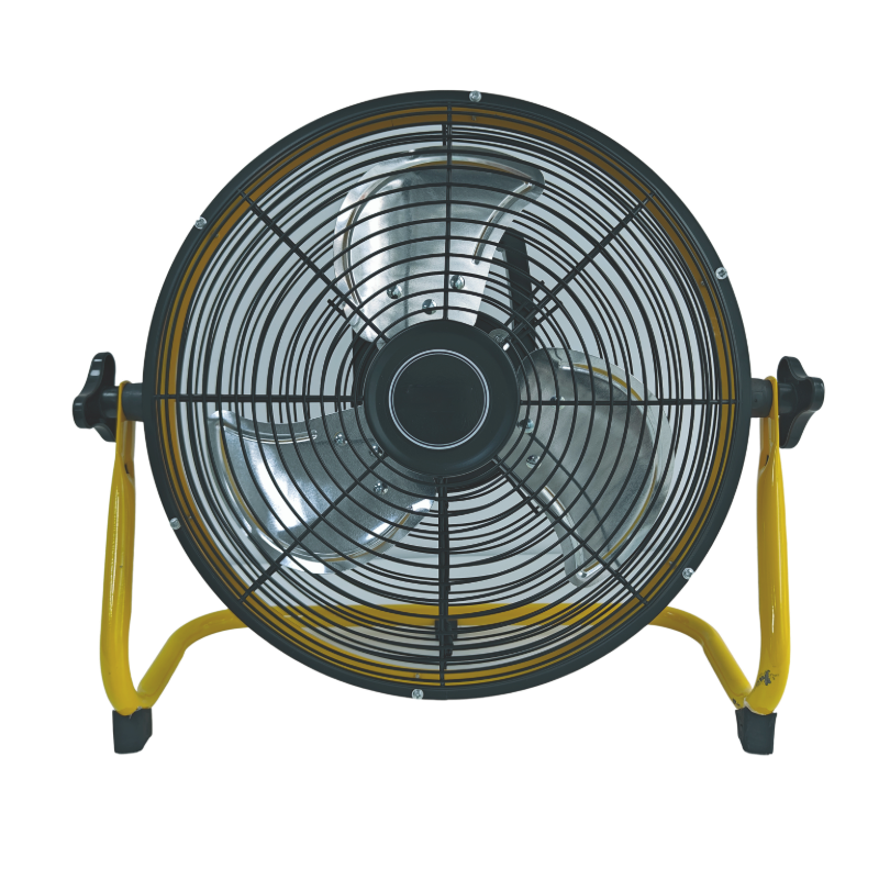 H04-12WF01 Solar Charging Outdoor Floor Fan 12 inch Yellow Circle Black Spiral Mesh with Charger Fan