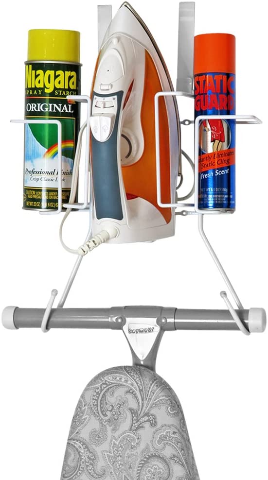 Ironing Board Holder-Over Door/No Tool or Wall Mount-Iron/Bottle Baskets