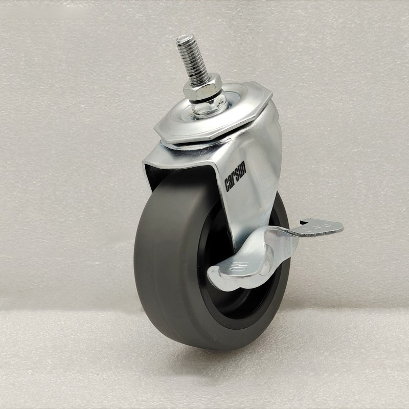 Light duty casters 3 inch grey TPR silent casters thread stem swivel caster wheel with side brake